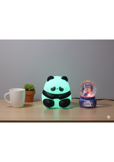 2 Li Sevgiliye Romantik Hediye Seti Slikon Panda Renkli Led Gece Lambası Ve 9 Cm Mor Kar Küresi Set Set