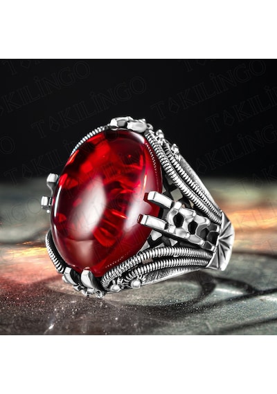 Takılingo 925 Ayar Gümüş Ruby Taşlı Sade Motifli Erkek Yüzük Gümüş
