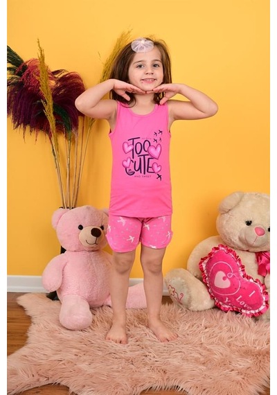 Kız Çocuk Askılı Pijama Takımı Too Cute Koyu Pembe Pembe