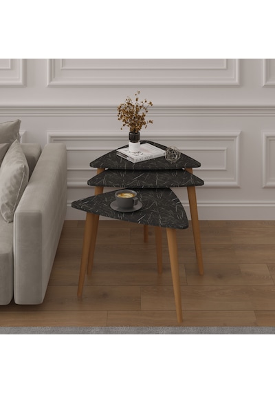 Asra Trend 3'lü Üçgen Zigon Sehpa Takımı SEHPA02 %100 MDF Ahşap Ayaklı Royal Mermer
