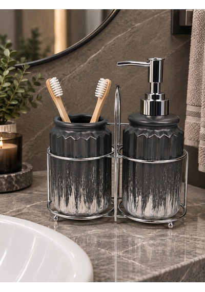 3 Parça Liva Banyo Seti - Siyah Gümüş-7607 Çok renkli