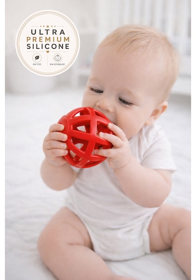 Tgm Baby Kalp Desenli Bebek Diş Kaşıyıcı Ultra Premium Silikon Top Kırmızı