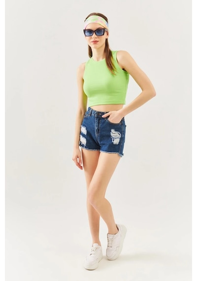 Butikgiz Kadın Sıfır Kol Bisiklet Yaka Vücuda Oturan %100 Pamuklu Kaşkorse Esnek Crop Bluz Fıstık Yeşili