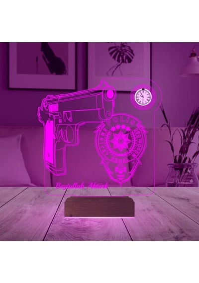 Luvivia Polis Logo Tasarımlı Hediye Kişiye Özel Metal Saatli 3d Lamba - Masa Gece Lambası Şeffaf