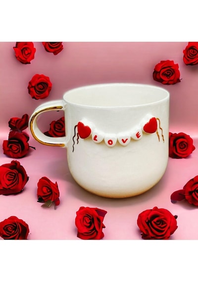 24 Ayar Altın Detaylı, Kalp Kabartmalı, El Yapımı, Kalpli Mug, 300 Ml, Heart Mug, Love Mug Beyaz - Çok Renkli