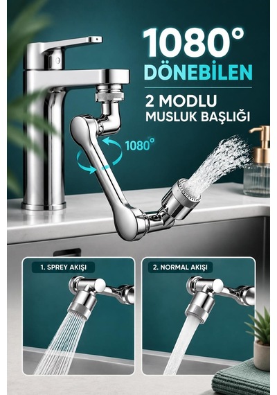 1080 Derece Dönebilen 2 Modlu Mutfak Musluk Başlığı Banyo Musluk Ucu Evrensel Fonksiyonlu Başlık Gümüş