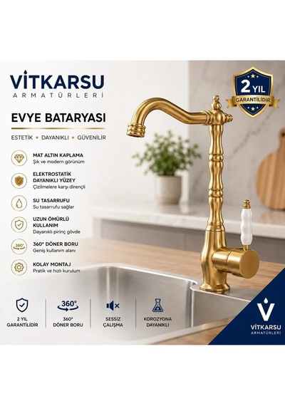Retro Altın Eviye Bataryası Döner Başlıklı Mat Altın Mutfak Bataryası Altın/gold