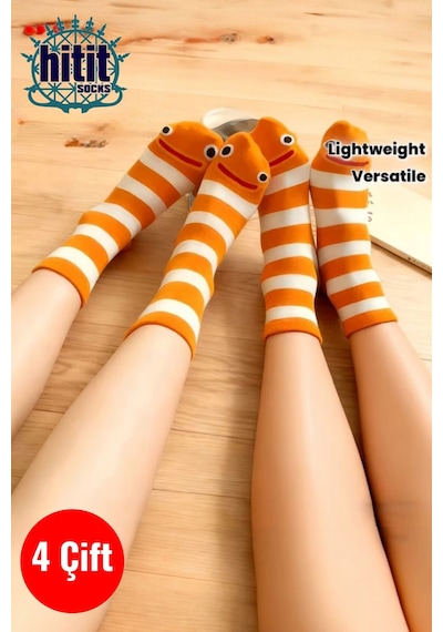 Hitit Socks 4 Çift Sevimli Yılan Balığı Desenli Ve Çizgili Uz... Çok Renkli