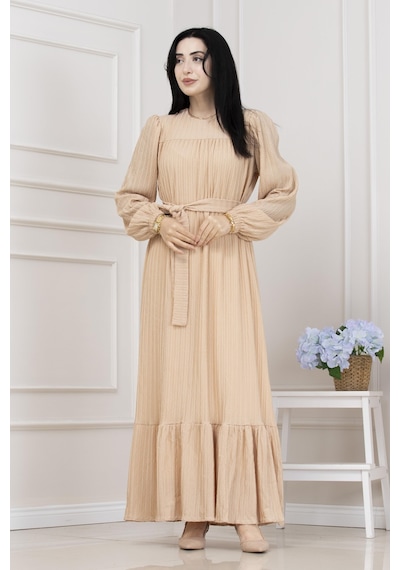 Sevitli Robalı Sahra Tesettür Elbise-krem-5505 Krem