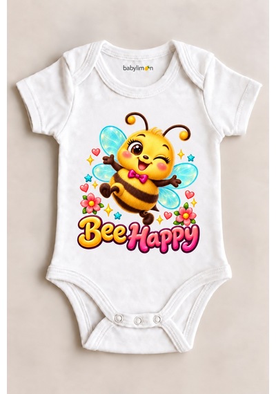 Babylimon Bee Happy Beyaz Kısa Kollu Çıtçıtlı Bebek Zıbını Beyaz - 930083757 Beyaz
