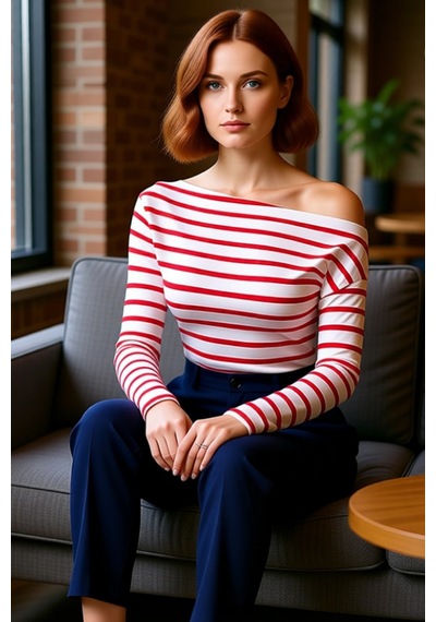 Ersefa Moda Kayık Yaka Örme Slim Çizgili Desen Casual Günlük Regular Uzu Kırmızı