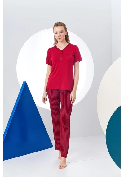 Pjs 24157 Kadın Çizgili Patlı Kısa Kol Pijama Takım 001