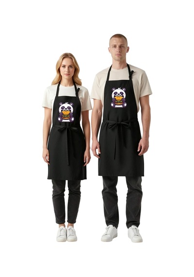 Unisex Mutfak Aşçı Önlüğü Burger Tutan Panda Karikatür Baskılı Ra Siyah