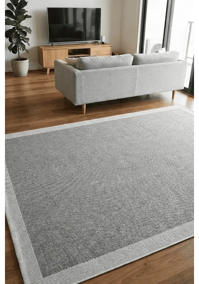 Hoom Rugs Lora 3205 Gri Çerçeveli Pamuk Taban Hav Toz Vermez Sisal Halı