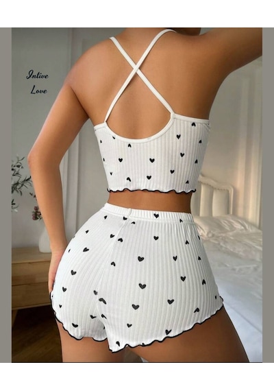 Intive Comfort Kalp Desenli V Yaka İnce Askılı Mini Şortlu Büstiy Beyaz