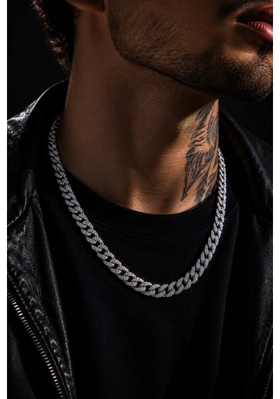 Erkek Kadın Taşlı Cuban Chain Kolye Zirkon Taşlı Hip Hop Rapçi Stil Paslanmaz Çelik Kolye Gri