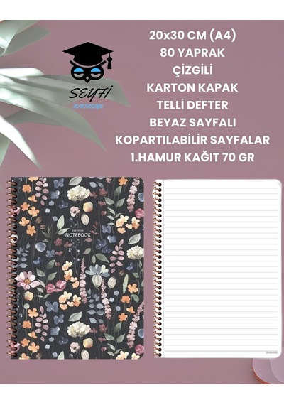 20x30 Cm A4 80 Yaprak Çizgili Karton Kapak Telli Defter Beyaz Sayfalı Kopartılabilir Sayfalar Siyah