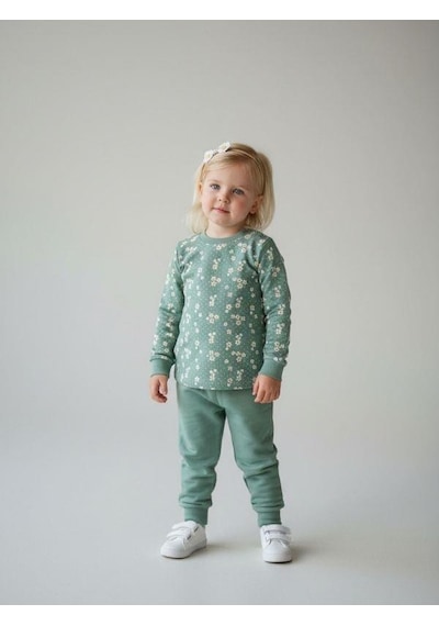 Zekids Kız Çocuk Pamuklu Çiçek Desenli Pijama Takımı-16851 Mint