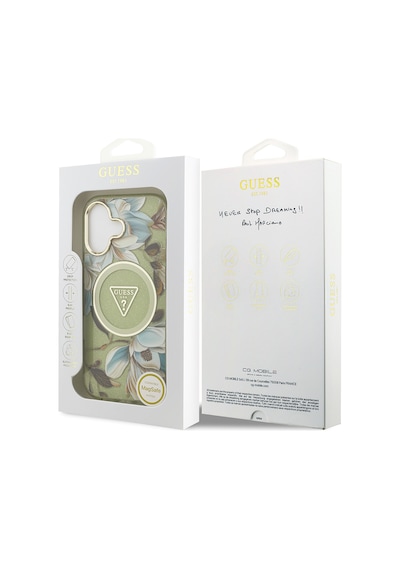 Apple Uyumlu iPhone 17 Kılıf Guess Lisanslı M-safeli Simli Çiçek Desen Metal Kamera Çerçeveli Üçgen Logolu Yeşil Yeşil