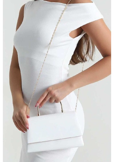 Names Bag Zincir Askılı Abiye Omuz Çnatası - Gold Metal Kulplu Şık Davet Çantası Beyaz Beyaz