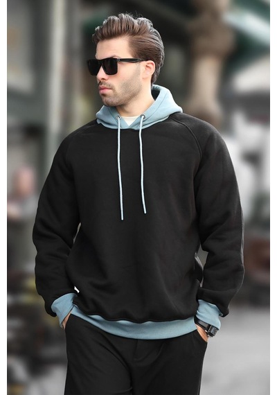 Madmext Siyah Renk Bloklu Kapüşonlu Sweatshirt 7073 Siyah