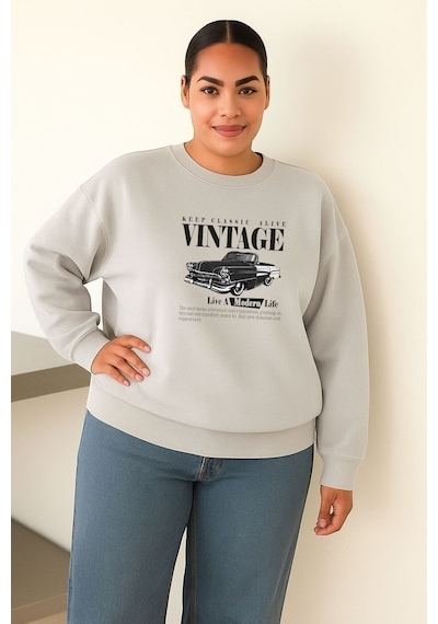 Benroma 3 İplik Penye Vıntage Baskılı Büyük Beden Unisex Sweatshırt Gri