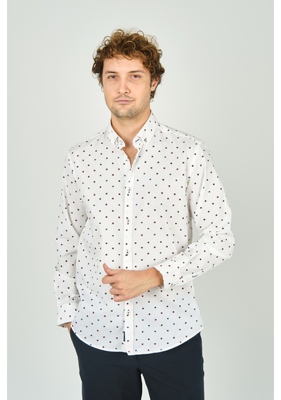 De Leone Erkek Slim Fit Desenli Uzun Kol %100 Pamuk Gömlek 2041 Ekru Ekru