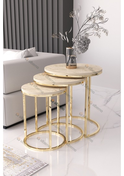 Usta Mekan Gold Metal Traverten Mermer Desen Ahşap Tablalı 3 Lü Zigon Sehpa Altın