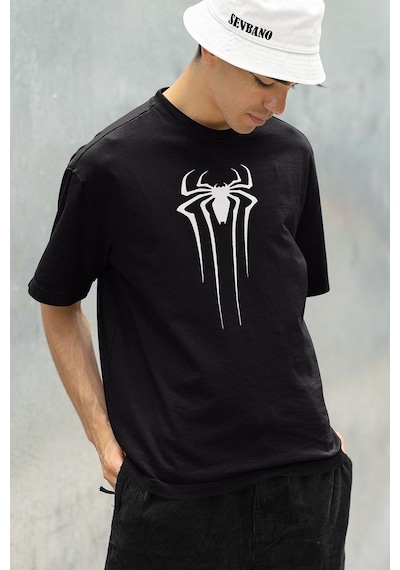 Örümcek Adam Film Logo Baskılı Unisex Marvel Oversize Tişört Siyah