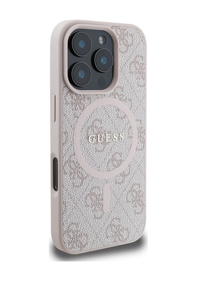 Apple Uyumlu iPhone 16 Pro Max Guess Lisanslı Halkalı Magsafe Şarj Özellikli 4g Desenli Yazı Logolu Kapak Pembe