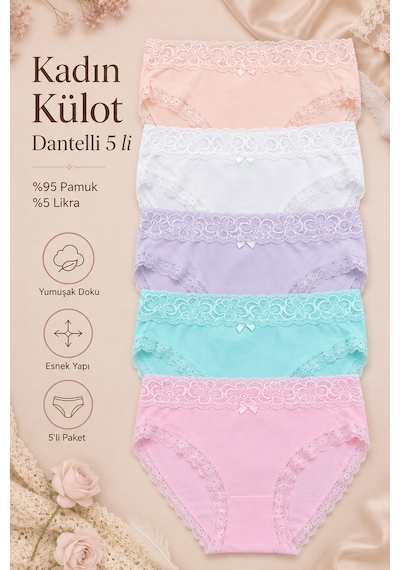 Nicoletta Kadın Külot 5 Li Paket Likralı Pamuklu Dantelli Somon Pembe