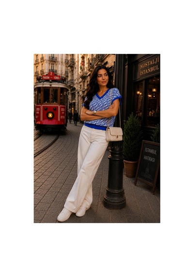 Hira Life Fashion Sfg Life Moda Kadın V Yaka Kare Desenli Şık Süveter Mavi Mavi