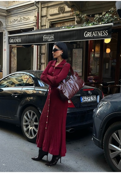 Meecy Uzun Triko Elbise Bordo Bordo