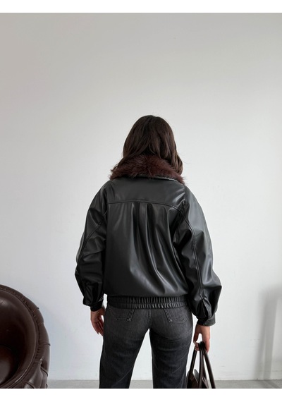 Verymoda Yakası Kürklü Kruvaze Deri Mont F2050 Siyah