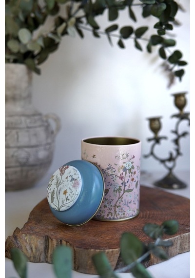 Flora Pink Desenli Yuvarlak Metal Saklama Kabı, 9 X 11 Cm, 0,6 Lt Desenli