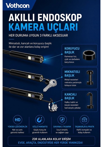 5 Metre Çift Kameralı İos/android Uyumlu Yılan Endoskop Kamera 8mm 2mp Led Li Sert Kablo Çok Renkli