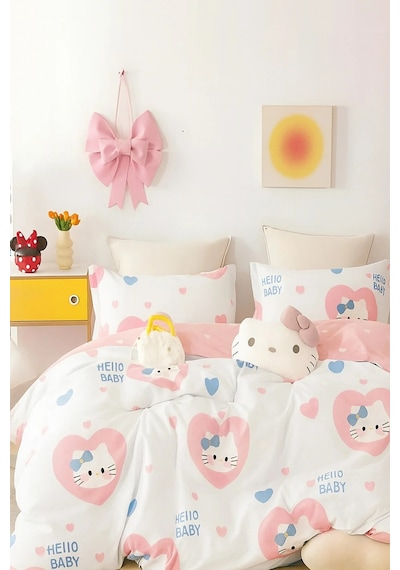 İqon Lastikli Çarşaflı Nevresim Takımı Tek Kişilik Hello Kitty Beyaz Çok Renkli