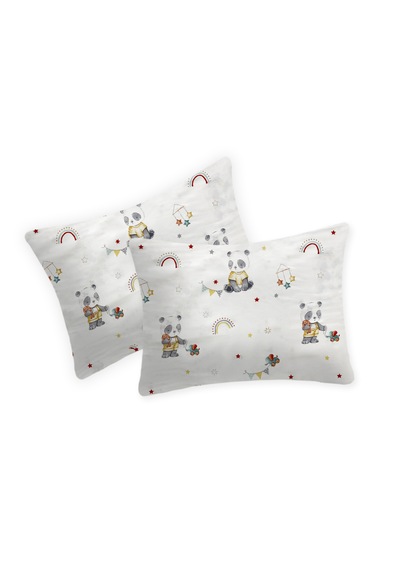 %100 Pamuklu Bebek Yastık Kılıfı 35x45 2 Adet-panda Desenli Beyaz - Sarı