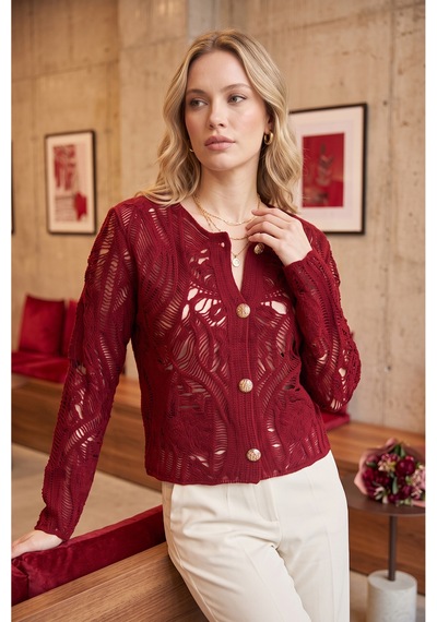 Sayzen Your Shine Dantel Desenli Gold Düğmeli Basic Ceket Bordo