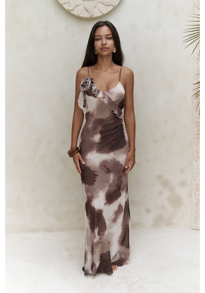 Mai Collection Mai Studios Co. Purtyas Fırfır Detaylı Kahve Uzun Elbise Kahve