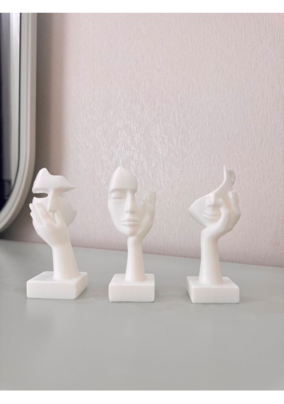 Modern Yüz Figürlü 3 Lü Dekoratif Heykel Seti-ev Ve Ofis Dekorasyonu Biblo 15 Cm Beyaz
