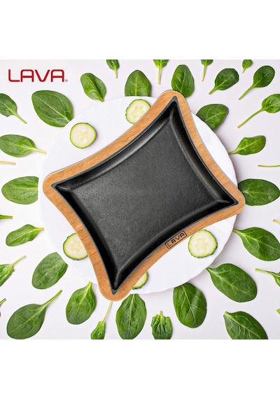 Lava Döküm Dikdörtgen Servis Tabağı Ve Ahşap Altlığı. Ölçü 13x17cm.