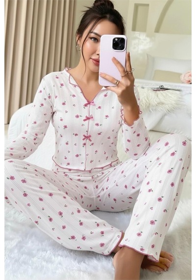 Siyah İnci Pamuklu Ajurlu Delikli Örme Pijama Takım7927-8 Beyaz