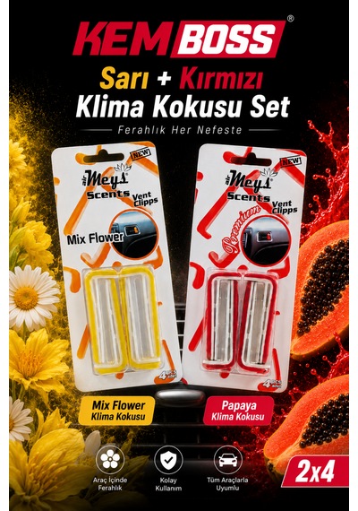 Kemboss Sarı Kırmızı Araç Klima Kokusu 2'li Set Mix Flower & Papaya Vent Clip Oto Kokusu Sarı - Kırmızı Set