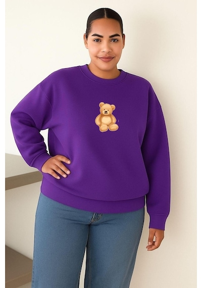 Benroma Ayıcık Baskılı Büyük Beden Unisex Sweatshırt Mor