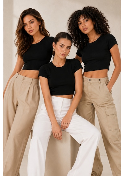 Loule Kadın 3'lü Bisiklet Yaka Kısa Kollu Crop Top Siyah %92 Pamuk