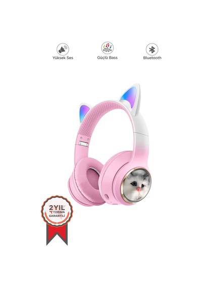 Hd11 Pembe Sevimli Kedi Karükatür Kulak Led Işıklı 5.3 Bluetooth Kulak Üstü Kulaklık
