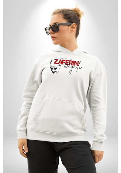 30 Ağustos Zafer Bayramı Atatürk İmzası Kadın Erkek Beyaz Kapüşonlu Sweatshirt Hoodie Beyaz