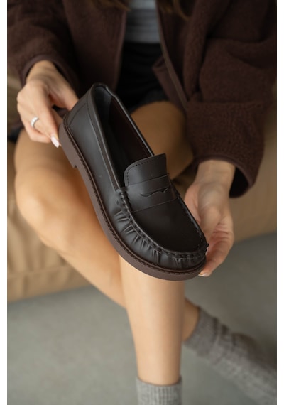 Selin Shoes Livo Kalın Ve Düz Taban Klasik Kadın Ayakkabı- Kahve Deri Kahverengi