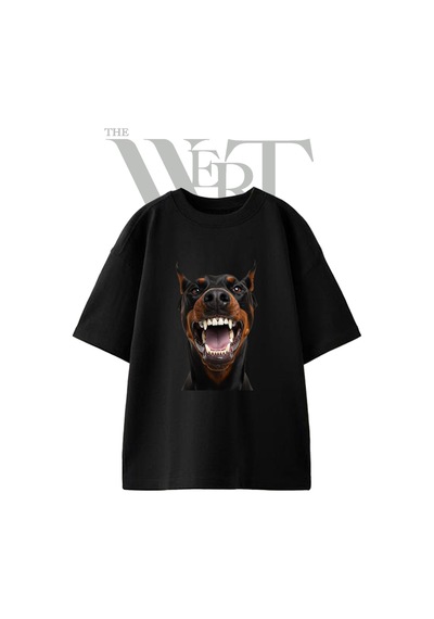 Thewert Doberman Grillz Tasarım Baskılı Ünisex Siyah Oversize T-shirt